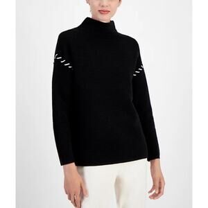 T Tahari Women's Whipstitched Ribbed Drop-Shoulder Sweater Black Size L